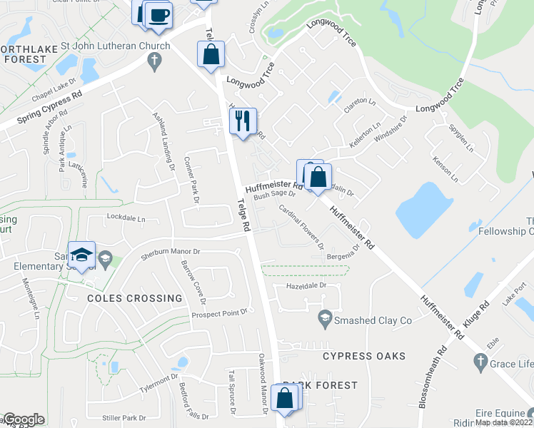 map of restaurants, bars, coffee shops, grocery stores, and more near 13727 Cardinal Flowers Drive in Cypress