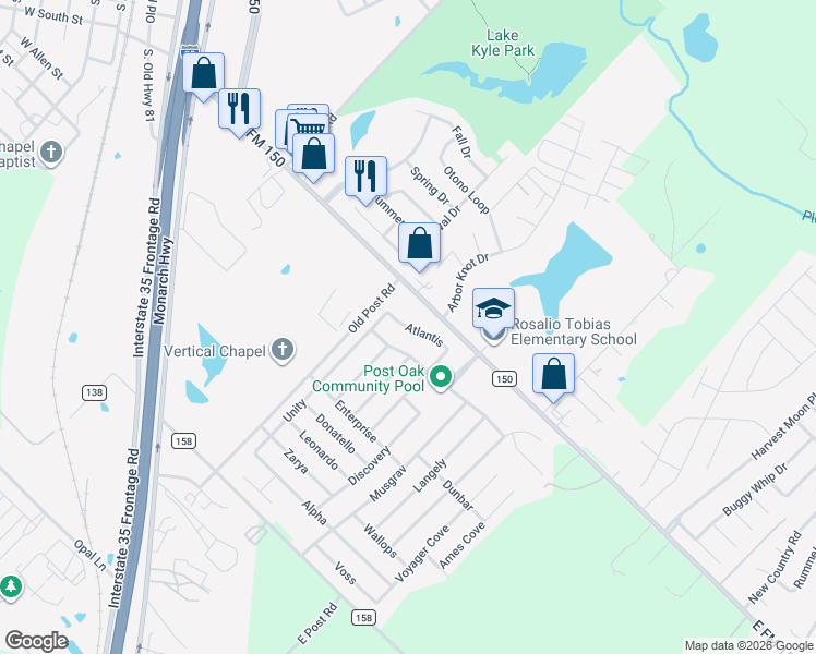 map of restaurants, bars, coffee shops, grocery stores, and more near 486 Atlantis in Kyle