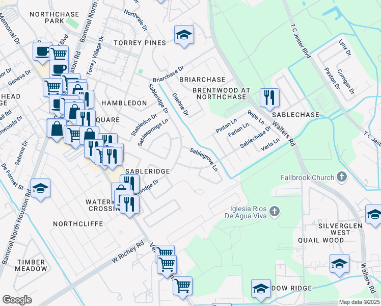 map of restaurants, bars, coffee shops, grocery stores, and more near 4010 Sablegrove Court in Houston