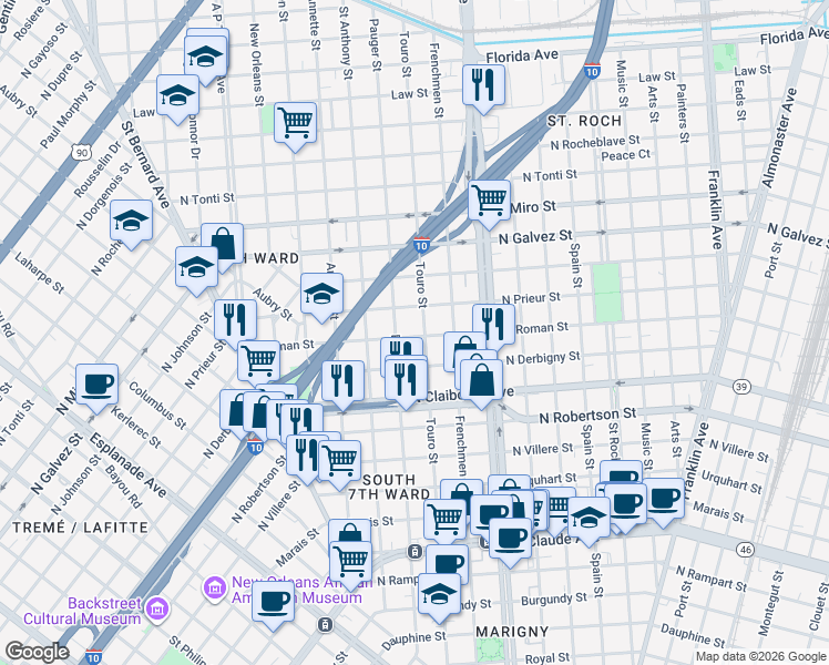 map of restaurants, bars, coffee shops, grocery stores, and more near 1925 North Roman Street in New Orleans
