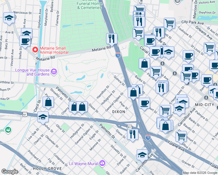 map of restaurants, bars, coffee shops, grocery stores, and more near 4301 Hamilton Street in New Orleans