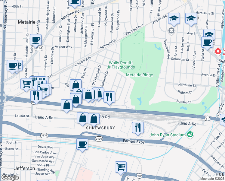 map of restaurants, bars, coffee shops, grocery stores, and more near 217 West Maple Ridge Drive in Metairie