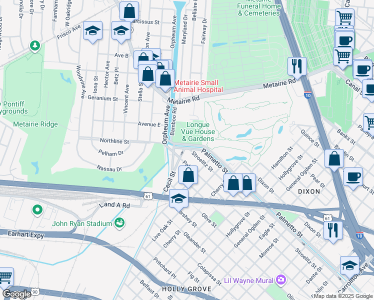 map of restaurants, bars, coffee shops, grocery stores, and more near 13 Garden Lane in New Orleans