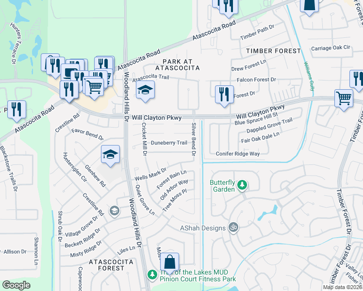map of restaurants, bars, coffee shops, grocery stores, and more near 4215 Duneberry Trail in Atascocita