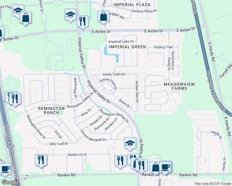 map of restaurants, bars, coffee shops, grocery stores, and more near 1202 Grassy View Drive in Houston