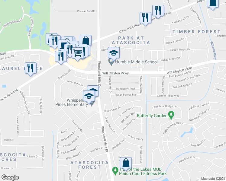 map of restaurants, bars, coffee shops, grocery stores, and more near 4106 Duneberry Trail in Humble