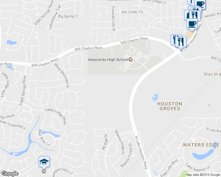 map of restaurants, bars, coffee shops, grocery stores, and more near 1907 West Lake Houston Parkway in Humble