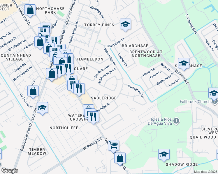map of restaurants, bars, coffee shops, grocery stores, and more near 13706 Sablegarden Lane in Houston