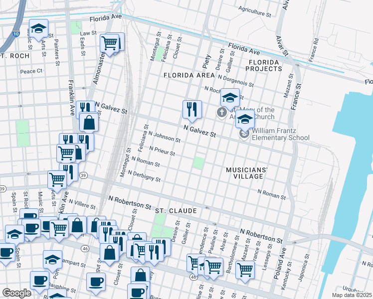 map of restaurants, bars, coffee shops, grocery stores, and more near 1934 Piety Street in New Orleans
