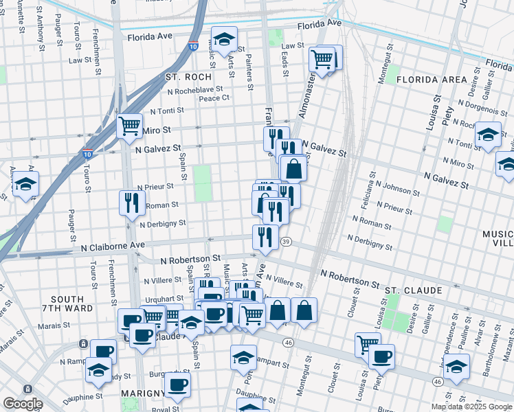 map of restaurants, bars, coffee shops, grocery stores, and more near 2532 North Roman Street in New Orleans