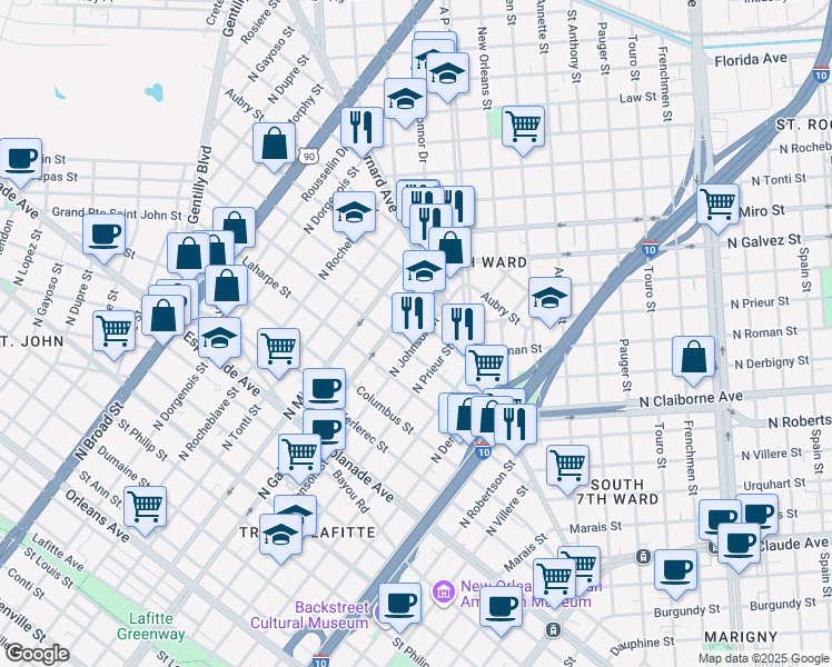 map of restaurants, bars, coffee shops, grocery stores, and more near 2012 Onzaga Street in New Orleans