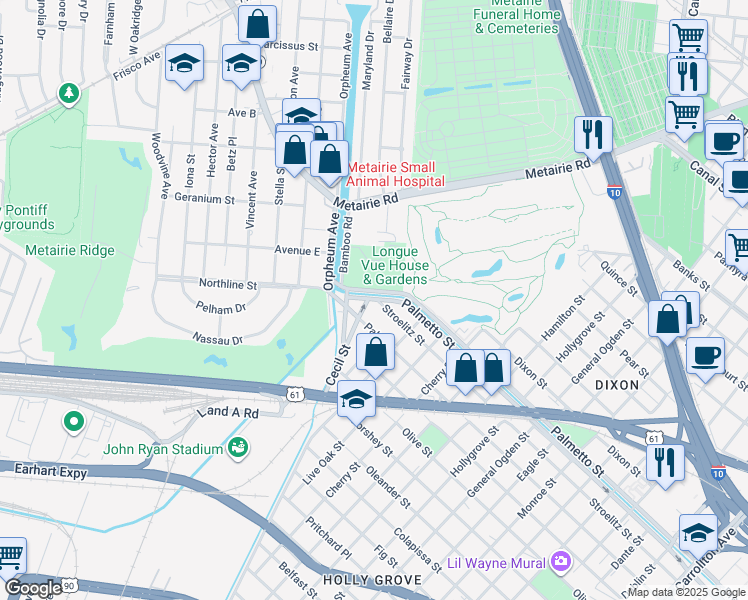 map of restaurants, bars, coffee shops, grocery stores, and more near 13 Garden Lane in New Orleans