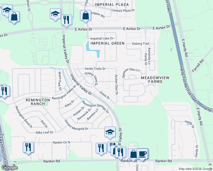 map of restaurants, bars, coffee shops, grocery stores, and more near 1128 Toast Hollow Lane in Houston
