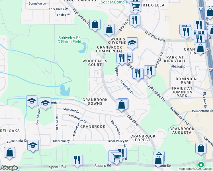 map of restaurants, bars, coffee shops, grocery stores, and more near 14400 Ella Boulevard in Houston