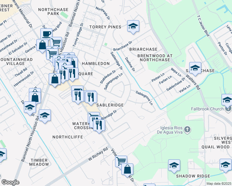 map of restaurants, bars, coffee shops, grocery stores, and more near 13706 Sablegarden Lane in Houston