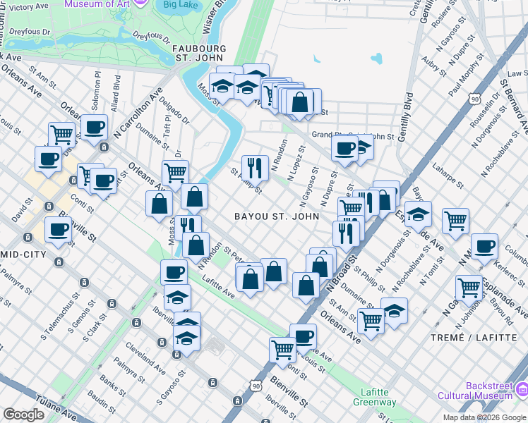 map of restaurants, bars, coffee shops, grocery stores, and more near 919 North Lopez Street in New Orleans
