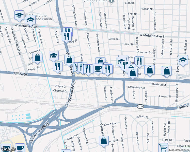 map of restaurants, bars, coffee shops, grocery stores, and more near 112 Colby Street in Metairie