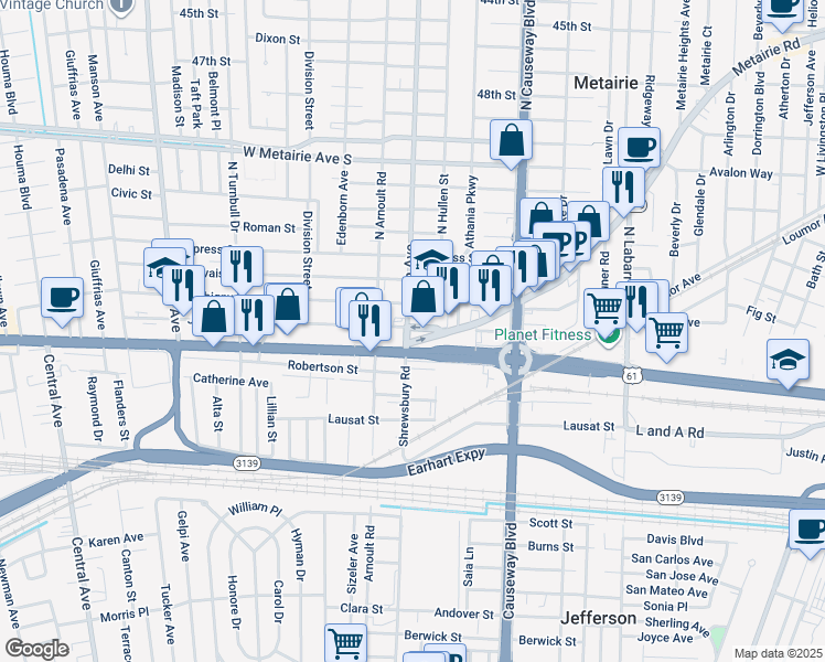 map of restaurants, bars, coffee shops, grocery stores, and more near 3437 Johnson Street in Metairie