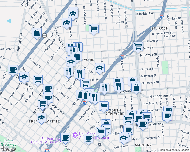 map of restaurants, bars, coffee shops, grocery stores, and more near 1800 North Prieur Street in New Orleans