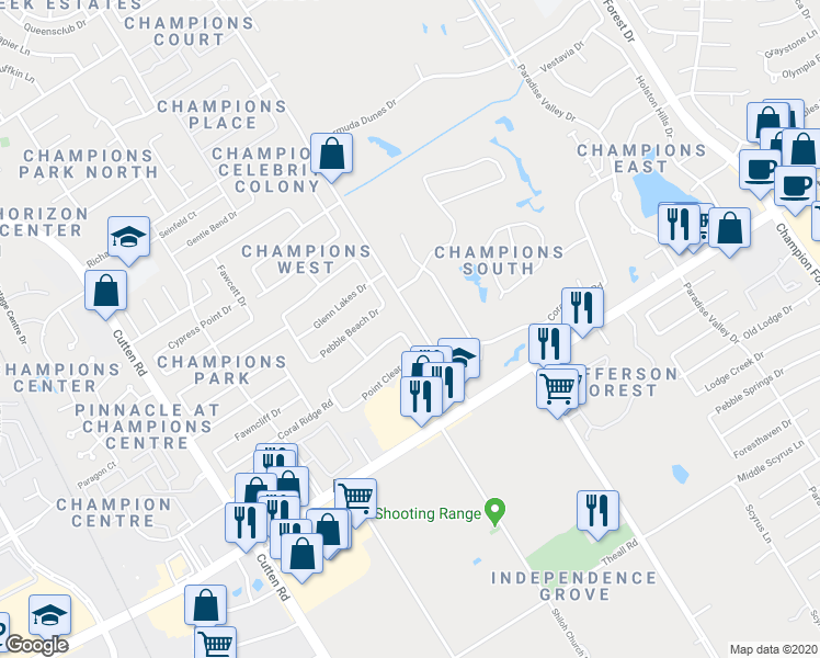map of restaurants, bars, coffee shops, grocery stores, and more near 13214 Boca Raton Drive in Houston