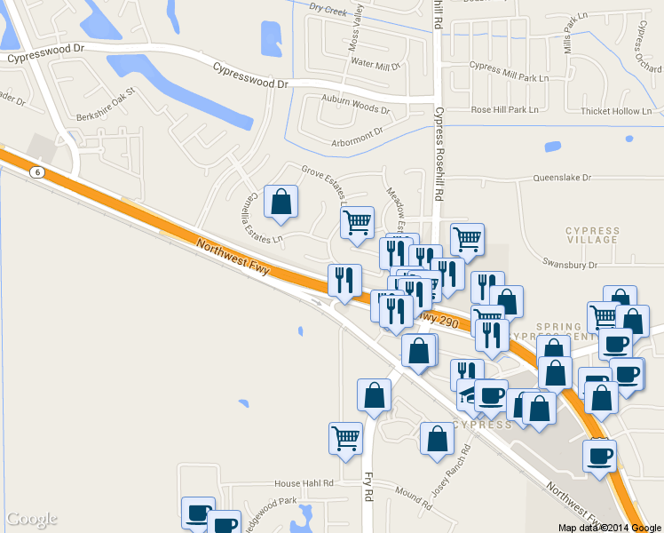 map of restaurants, bars, coffee shops, grocery stores, and more near 18203 Wisteria Estates Lane in Cypress