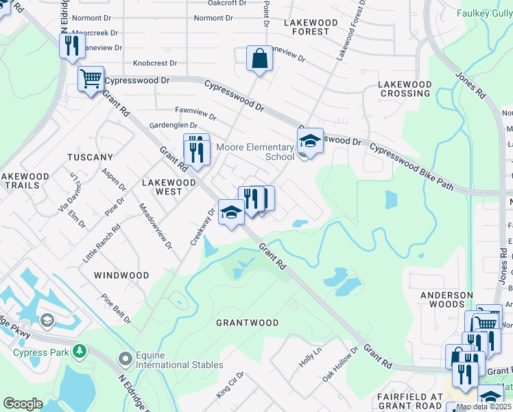 map of restaurants, bars, coffee shops, grocery stores, and more near 11635 Snowmass Drive in Houston