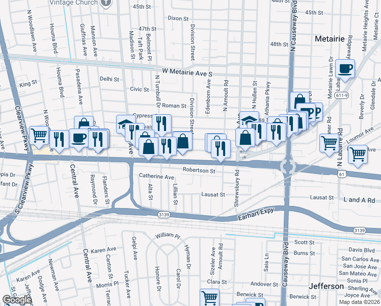 map of restaurants, bars, coffee shops, grocery stores, and more near 3715 Johnson Street in Metairie