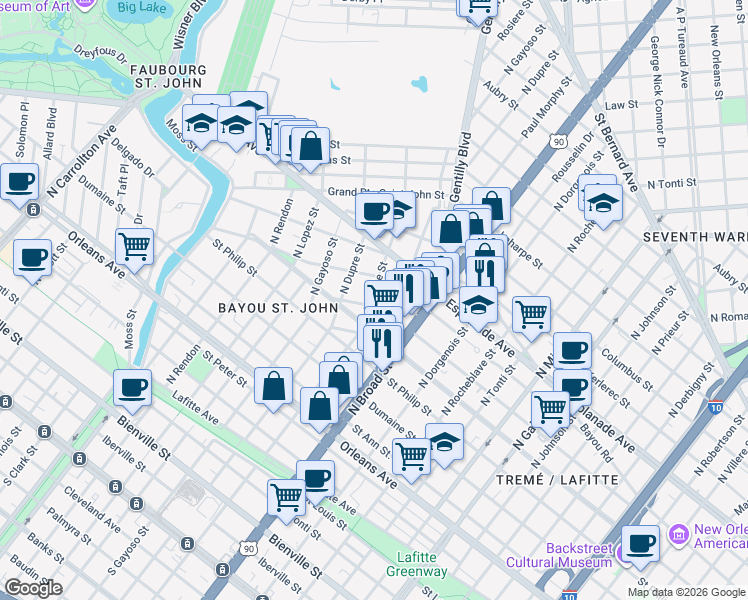 map of restaurants, bars, coffee shops, grocery stores, and more near 1120 North White Street in New Orleans