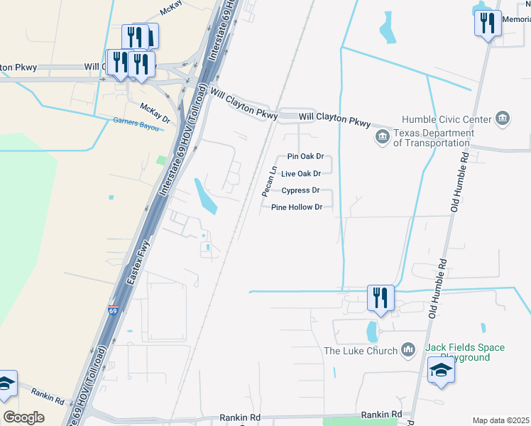 map of restaurants, bars, coffee shops, grocery stores, and more near 7514 Pine Hollow Drive in Humble