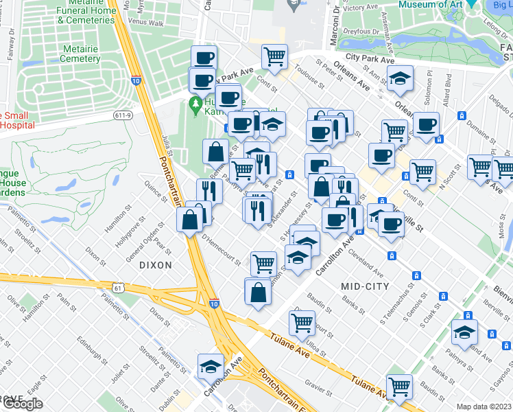 map of restaurants, bars, coffee shops, grocery stores, and more near 225 South Murat Street in New Orleans