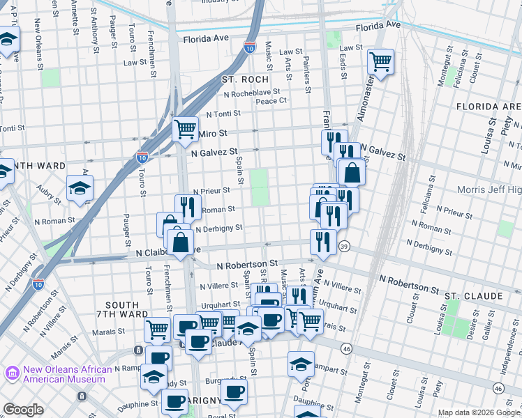 map of restaurants, bars, coffee shops, grocery stores, and more near 3 North Roman Street in New Orleans