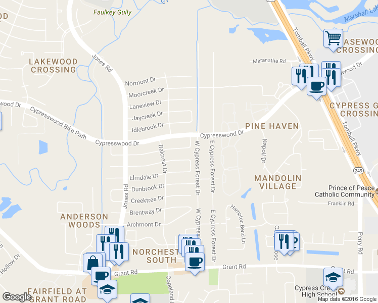 map of restaurants, bars, coffee shops, grocery stores, and more near 10523 Glenway Drive in Houston