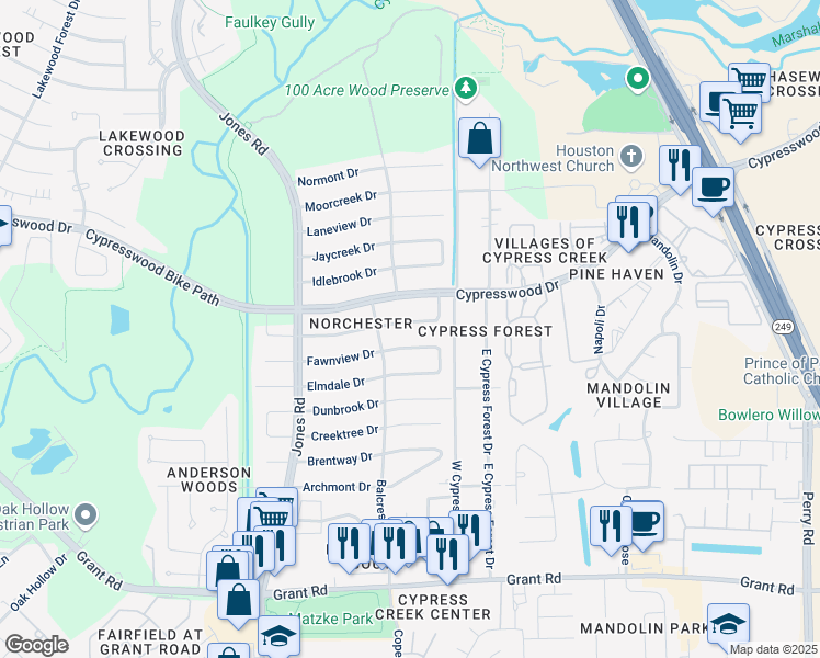 map of restaurants, bars, coffee shops, grocery stores, and more near 10618 Glenway Drive in Houston