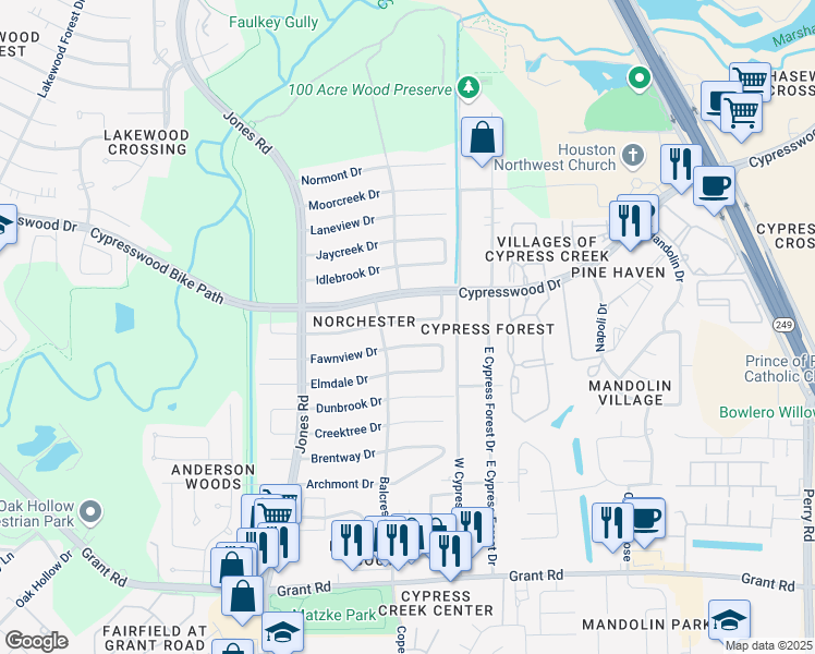 map of restaurants, bars, coffee shops, grocery stores, and more near 10611 Glenway Drive in Houston