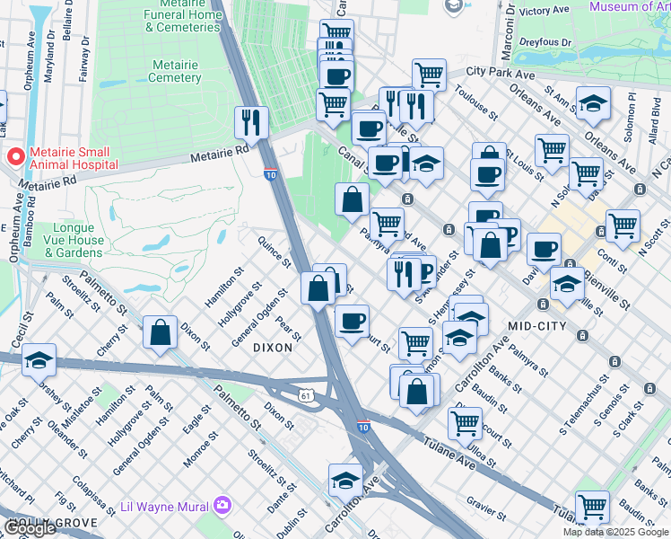 map of restaurants, bars, coffee shops, grocery stores, and more near 4807 Baudin Street in New Orleans