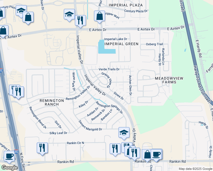 map of restaurants, bars, coffee shops, grocery stores, and more near 1202 Grassy View Drive in Houston