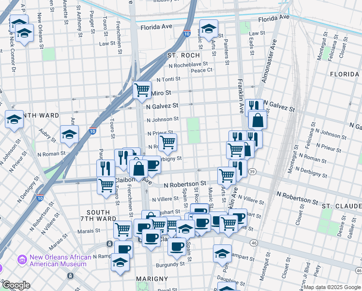 map of restaurants, bars, coffee shops, grocery stores, and more near 1806 Spain Street in New Orleans