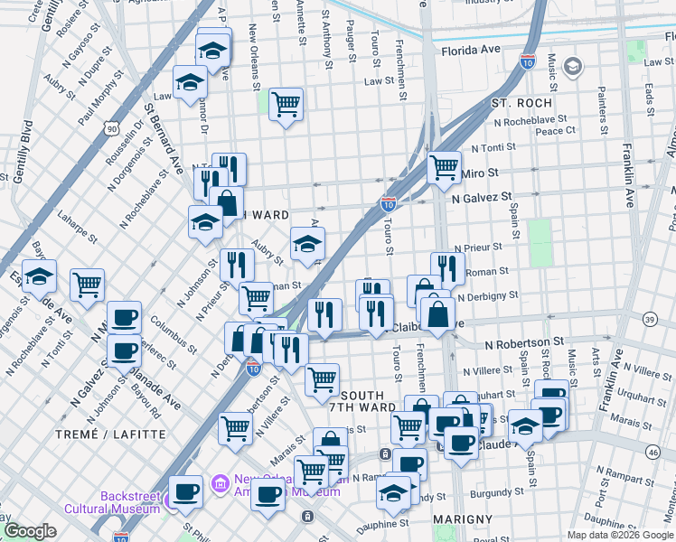 map of restaurants, bars, coffee shops, grocery stores, and more near 1829 Annette Street in New Orleans