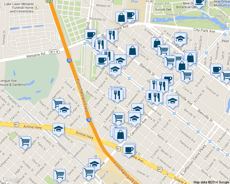 map of restaurants, bars, coffee shops, grocery stores, and more near 225 South Murat Street in New Orleans