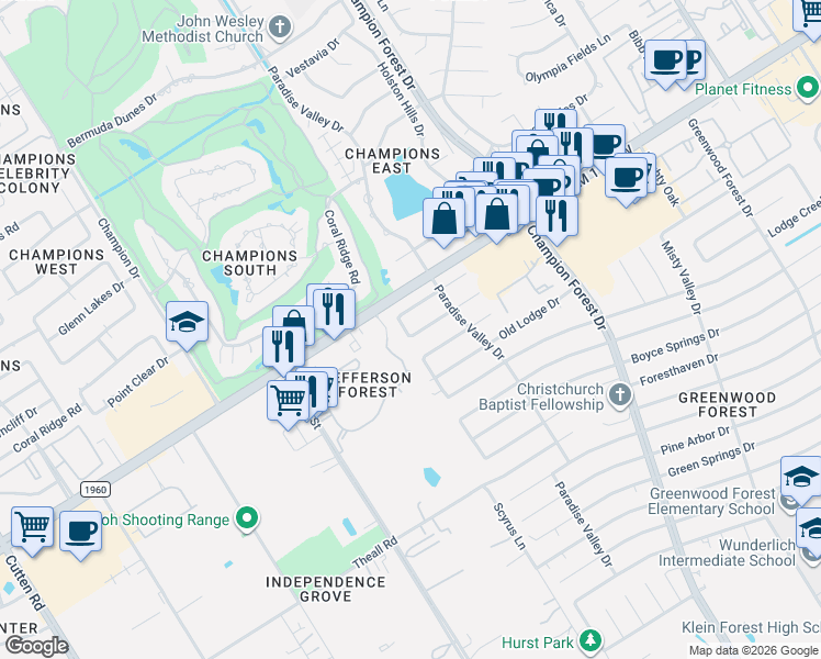 map of restaurants, bars, coffee shops, grocery stores, and more near 5914 Queensgate Drive in Houston