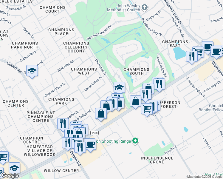 map of restaurants, bars, coffee shops, grocery stores, and more near 13214 Boca Raton Drive in Houston