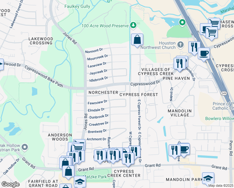 map of restaurants, bars, coffee shops, grocery stores, and more near 10618 Glenway Drive in Houston