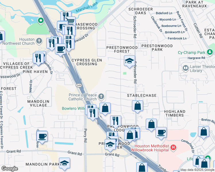 map of restaurants, bars, coffee shops, grocery stores, and more near 8231 Birchglen Lane in Houston