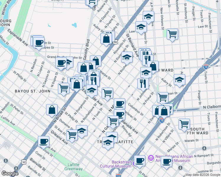 map of restaurants, bars, coffee shops, grocery stores, and more near 1516 North Rocheblave Street in New Orleans