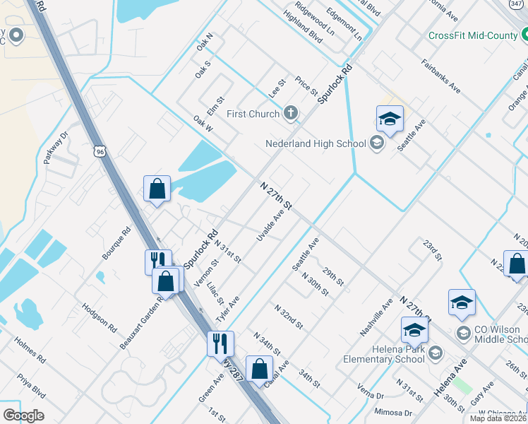 map of restaurants, bars, coffee shops, grocery stores, and more near 2715 Vernon Street in Nederland
