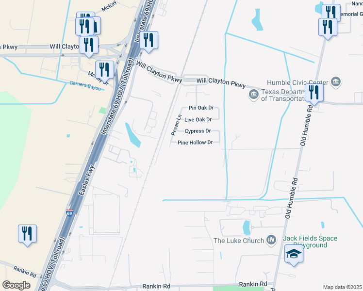 map of restaurants, bars, coffee shops, grocery stores, and more near 7514 Pine Hollow Drive in Humble
