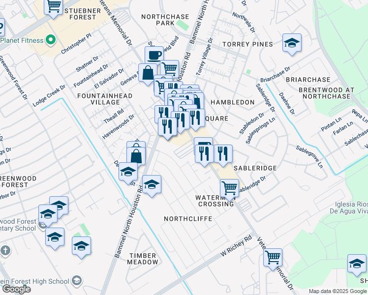 map of restaurants, bars, coffee shops, grocery stores, and more near 13031 Veterans Memorial Drive in Houston