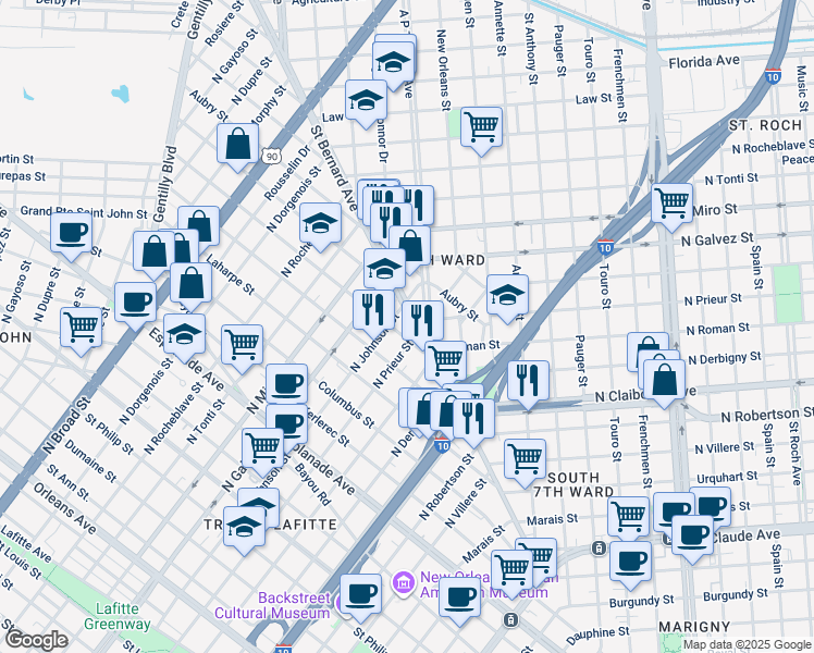 map of restaurants, bars, coffee shops, grocery stores, and more near 1920 Saint Bernard Avenue in New Orleans