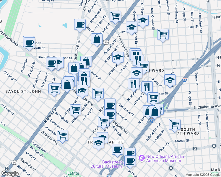 map of restaurants, bars, coffee shops, grocery stores, and more near 2221 Laharpe Street in New Orleans