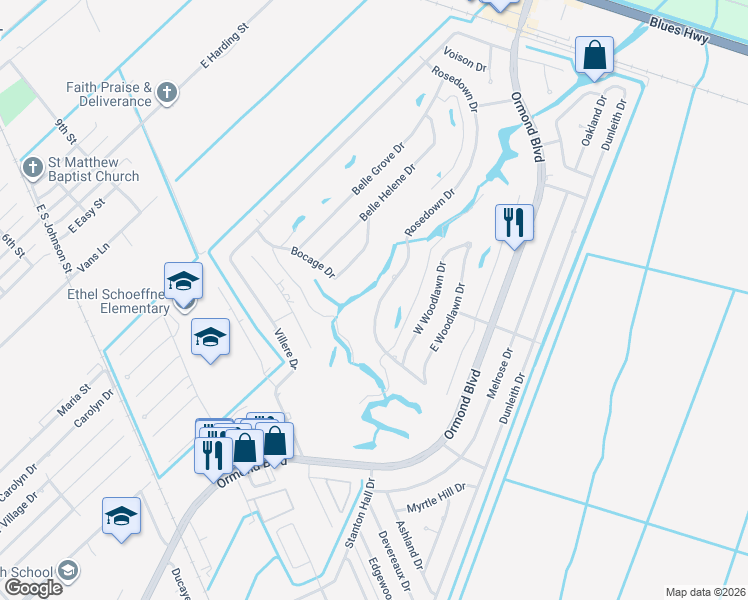 map of restaurants, bars, coffee shops, grocery stores, and more near 23 Rosedown Drive in Destrehan